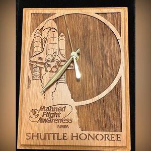NASA Mannned Flight Awareness Wooden Shuttle Honoree Wall Clock Brown & Gold